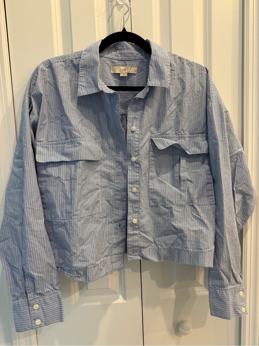 LOFT Blue & White Pinstripe Crop Button Down Shirt